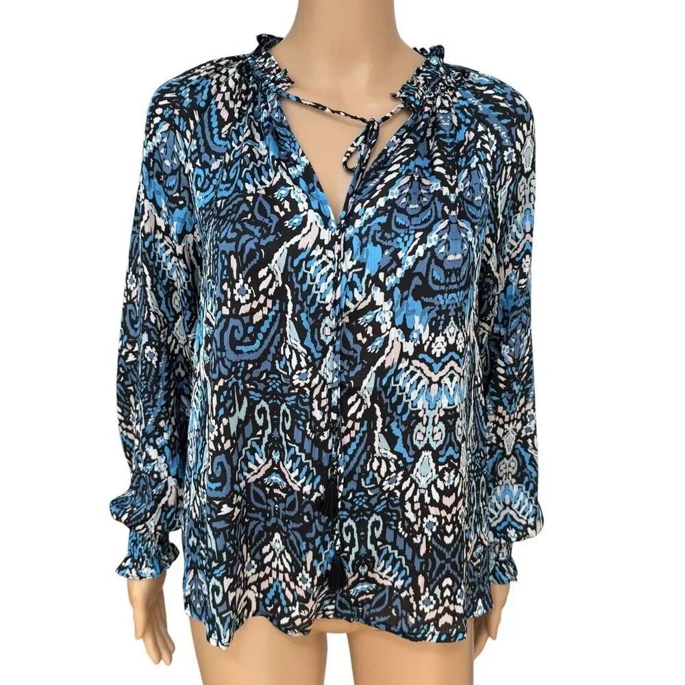 NWT Pinch Malia Blue Abstract Print Tassel Tie Blouse Size Small Boho Top